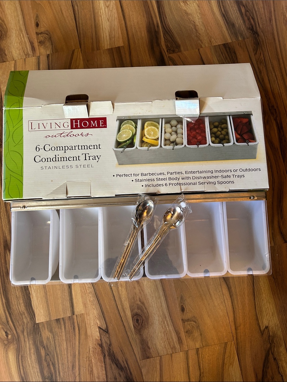 6-Compartment Stainless Steel Condiment Tray - White